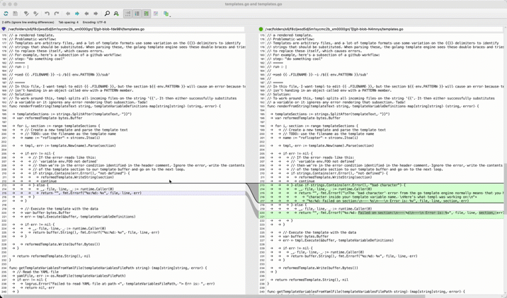 a dual pane editor with 2 copies of the same document open, one on left and one on right, with a paragraph
different. Scrolling shows the two documents stay aligned, but when the different paragraph is reached it moves
independently, so the common context above and below is aligned but the difference is obvious. The different
paragraph is highlighted in green.