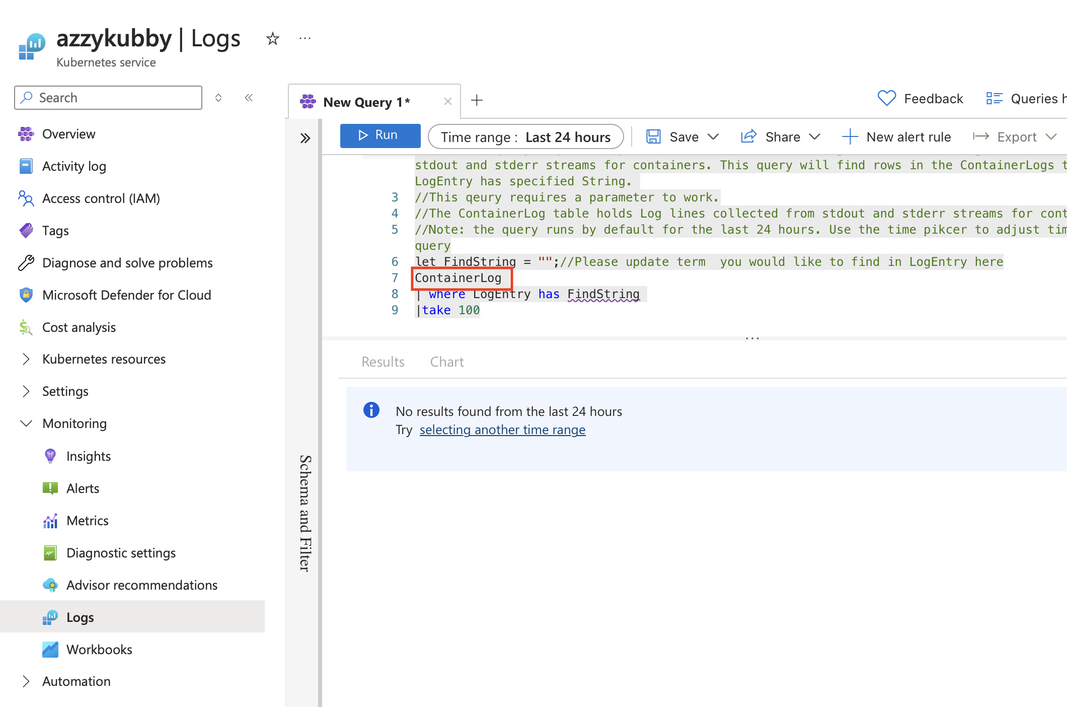 A screenshot, it shows the Azure log analytics web interface. I have scrolled to the Container
                        prepackaged query section, and selected the first default KQL query. There is a red rectangle highlighting that the default
                        table provided is called ContainerLog.